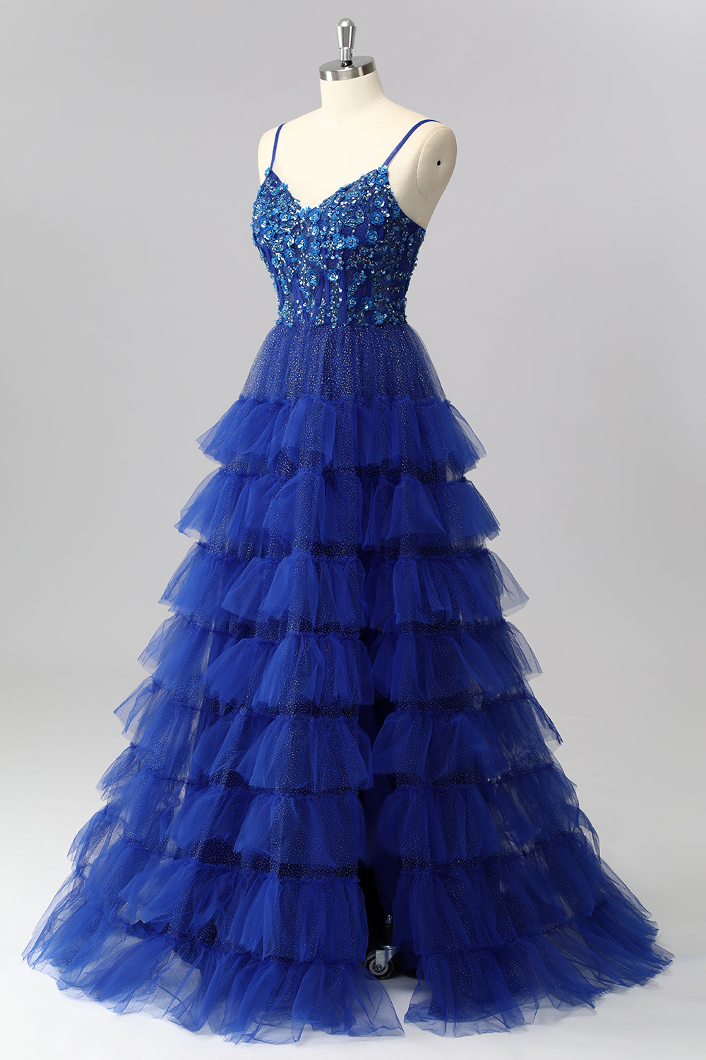 Sparkly Royal Blue Spaghetti Straps Tulle Ruffled A-Line Long Corset Prom Dress with Sequins