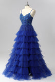 Sparkly Royal Blue Spaghetti Straps Tulle Ruffled A-Line Long Corset Prom Dress with Sequins