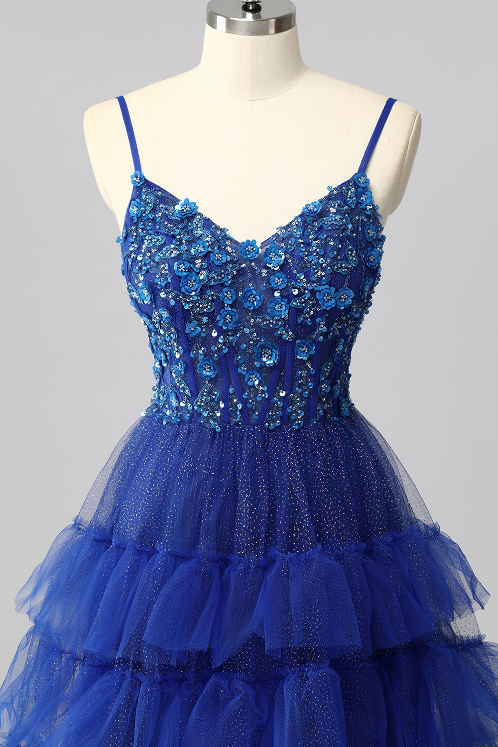 Sparkly Royal Blue Spaghetti Straps Tulle Ruffled A-Line Long Corset Prom Dress with Sequins