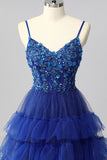 Sparkly Royal Blue Spaghetti Straps Tulle Ruffled A-Line Long Corset Prom Dress with Sequins