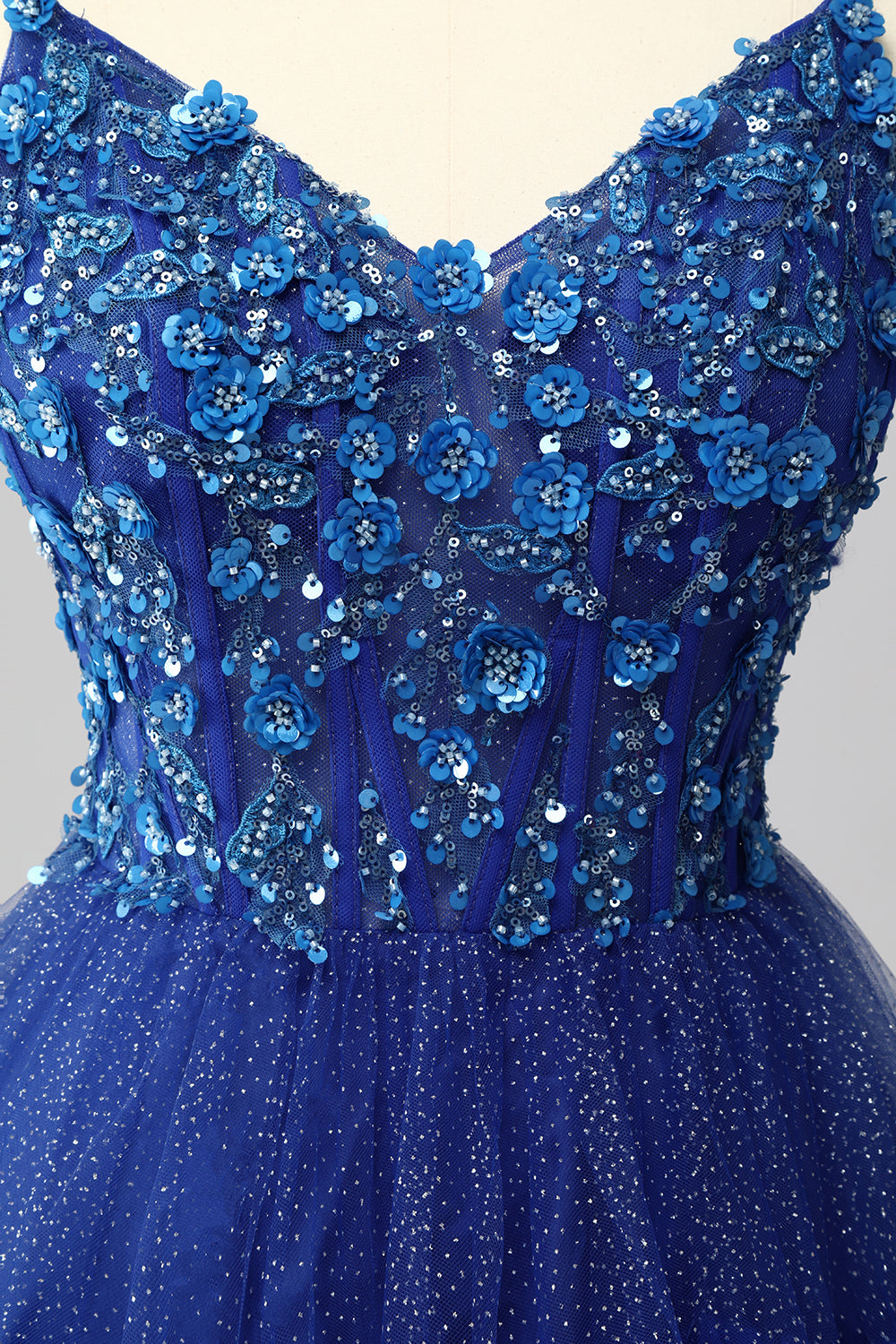 Sparkly Royal Blue Spaghetti Straps Tulle Ruffled A-Line Long Corset Prom Dress with Sequins