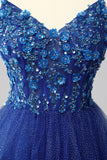 Sparkly Royal Blue Spaghetti Straps Tulle Ruffled A-Line Long Corset Prom Dress with Sequins