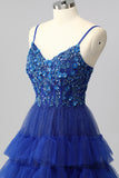 Sparkly Royal Blue Spaghetti Straps Tulle Ruffled A-Line Long Corset Prom Dress with Sequins