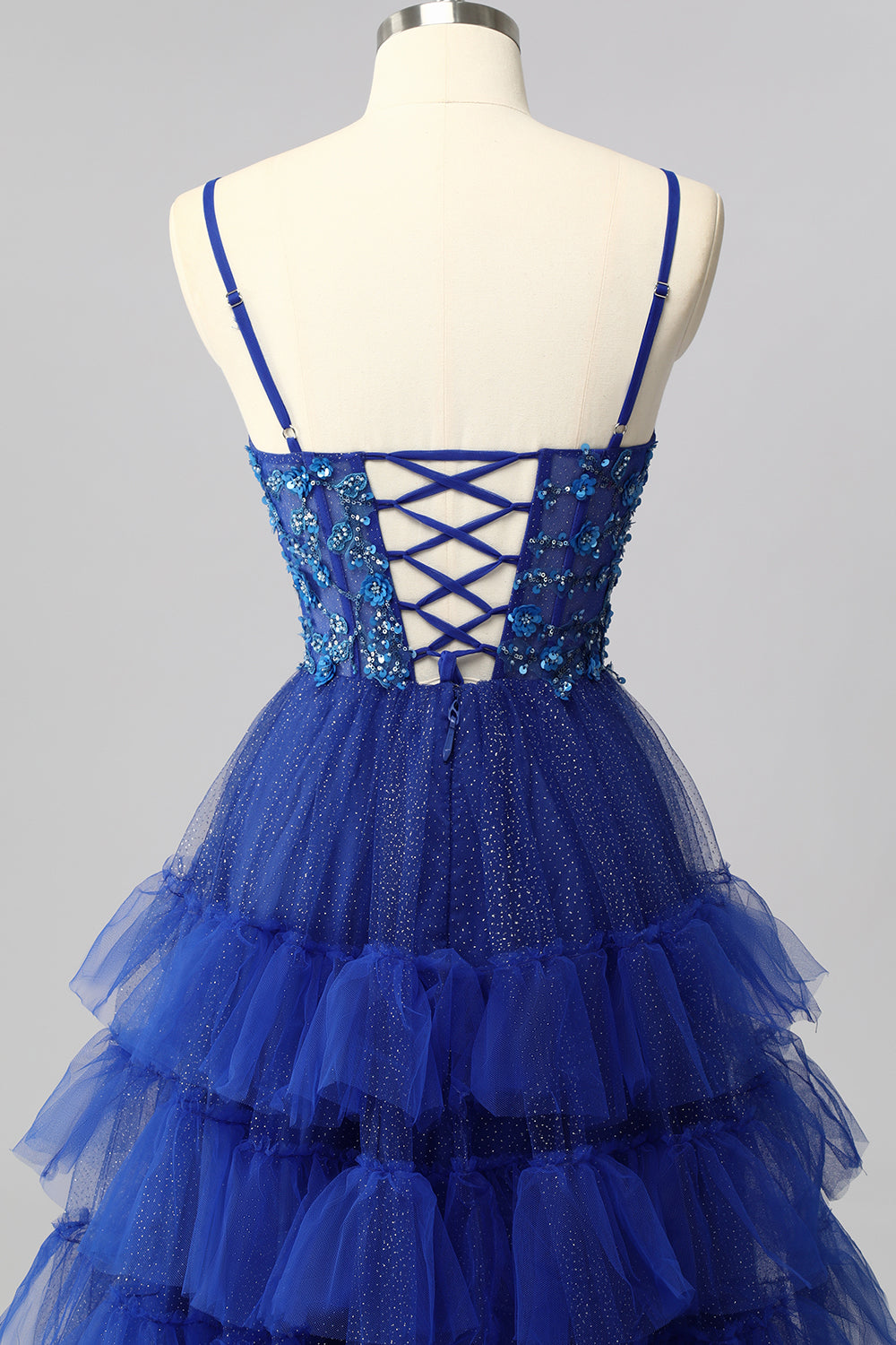 Sparkly Royal Blue Spaghetti Straps Tulle Ruffled A-Line Long Corset Prom Dress with Sequins