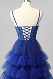Sparkly Royal Blue Spaghetti Straps Tulle Ruffled A-Line Long Corset Prom Dress with Sequins