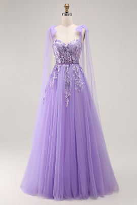 Sparkly Purple A Line Tulle Long Prom Dress with Sequins