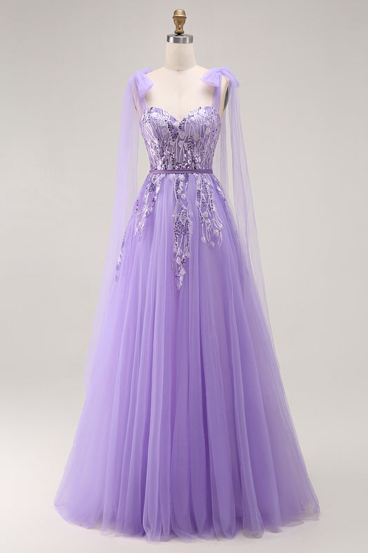 Sparkly Purple A Line Tulle Long Prom Dress with Sequins