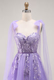 Sparkly Purple A Line Tulle Long Prom Dress with Sequins