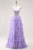 Glitter Purple Tiered A Line Long Prom Dress with Lace