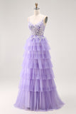 Glitter Purple Tiered A Line Long Prom Dress with Lace