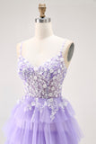 Glitter Purple Tiered A Line Long Prom Dress with Lace