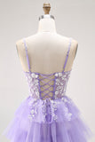 Glitter Purple Tiered A Line Long Prom Dress with Lace