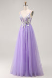 Sparkly Purple A Line Corset Long Prom Dress with Sequins