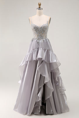 Sparkly Grey Corset Ruffled A Line Long Prom Dress with Beading