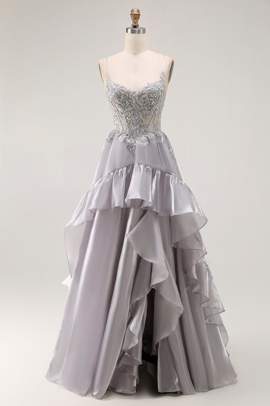 Sparkly Grey Corset Ruffled A Line Long Prom Dress with Beading