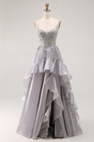 Sparkly Grey Corset Ruffled A Line Long Prom Dress with Beading