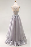 Sparkly Grey Corset Ruffled A Line Long Prom Dress with Beading