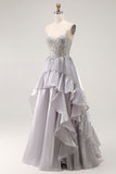 Sparkly Grey Corset Ruffled A Line Long Prom Dress with Beading