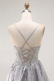 Sparkly Grey Corset Ruffled A Line Long Prom Dress with Beading