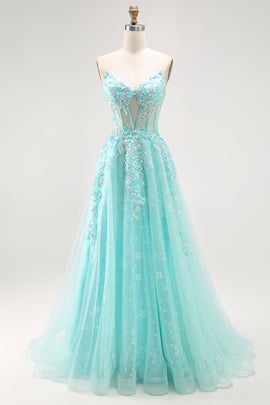 Sparkly Green Corset A Line Long Prom Dress with Lace