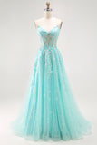 Sparkly Green Corset A Line Long Prom Dress with Lace