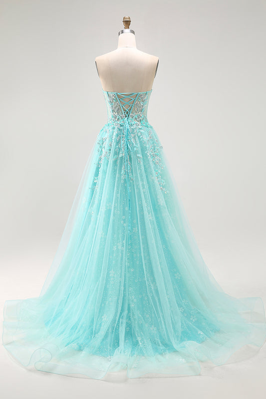 Sparkly Green Corset A Line Long Prom Dress with Lace