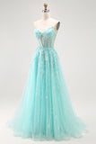 Sparkly Green Corset A Line Long Prom Dress with Lace