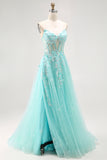 Sparkly Green Corset A Line Long Prom Dress with Lace