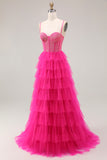 Sparkly Fuchsia Beaded Corset Tiered Long Prom Dress with Slit