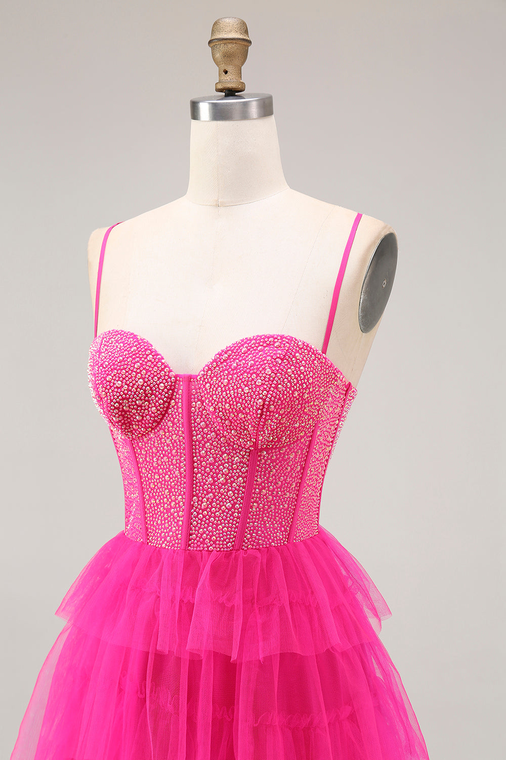 Sparkly Fuchsia Beaded Corset Tiered Long Prom Dress with Slit