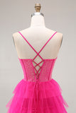Sparkly Fuchsia Beaded Corset Tiered Long Prom Dress with Slit