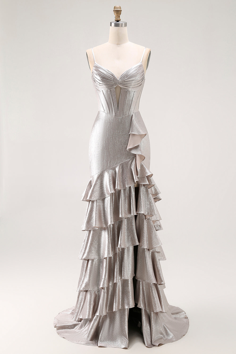 Grey Ruffled Corset Mermaid Metallic Long Prom Dress with Slit