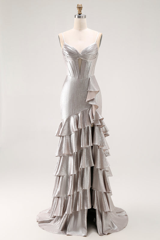 Grey Ruffled Corset Mermaid Metallic Long Prom Dress with Slit