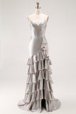 Grey Ruffled Corset Mermaid Metallic Long Prom Dress with Slit