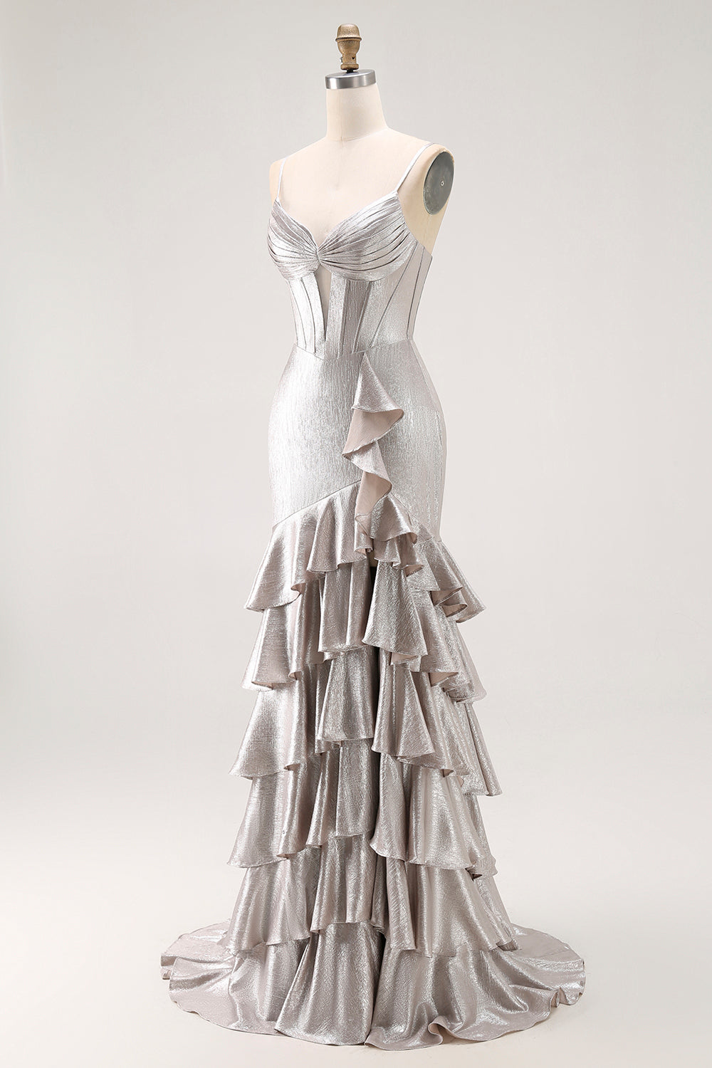 Grey Ruffled Corset Mermaid Metallic Long Prom Dress with Slit