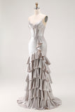 Grey Ruffled Corset Mermaid Metallic Long Prom Dress with Slit