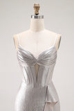 Grey Ruffled Corset Mermaid Metallic Long Prom Dress with Slit