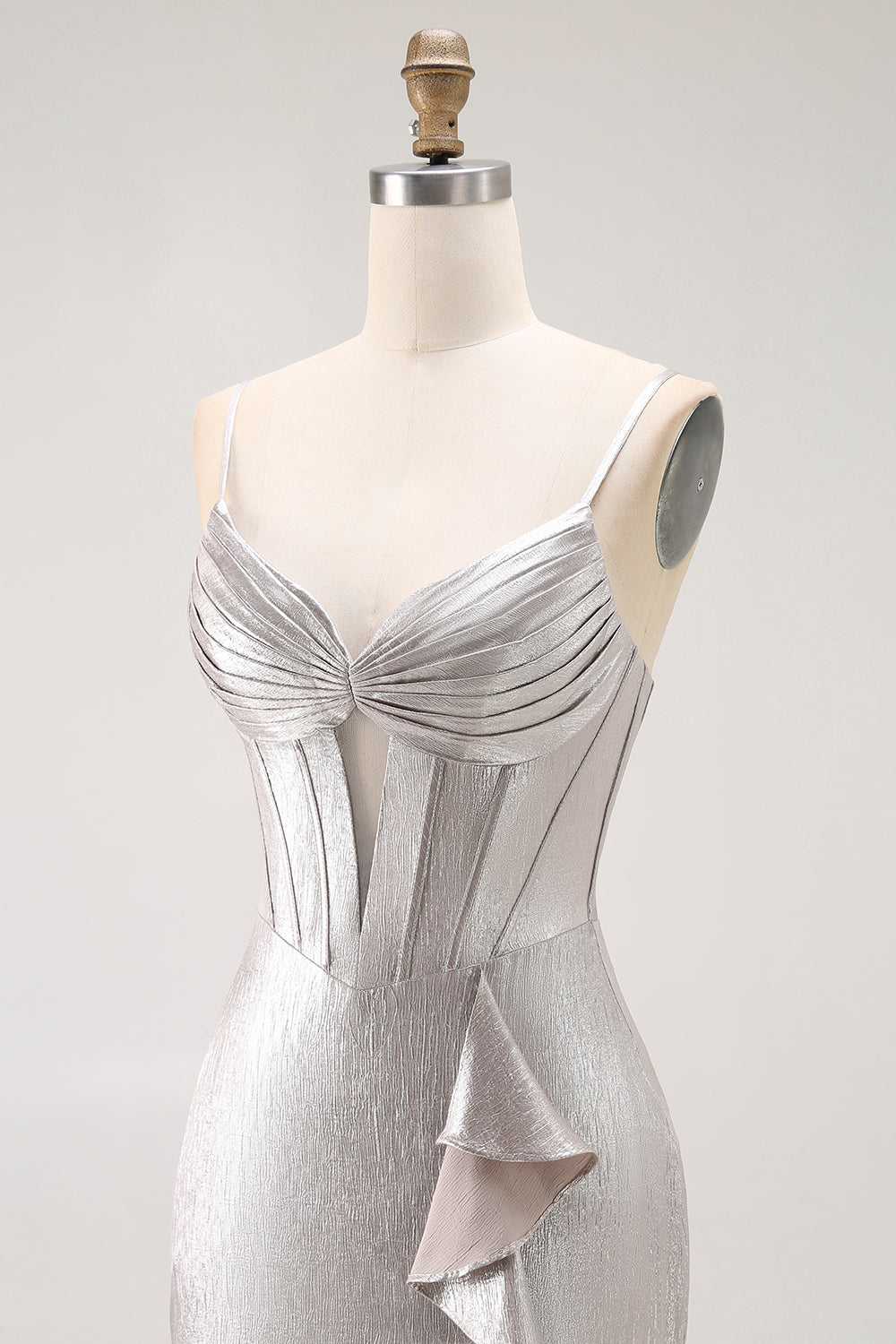 Grey Ruffled Corset Mermaid Metallic Long Prom Dress with Slit