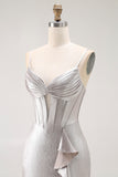 Grey Ruffled Corset Mermaid Metallic Long Prom Dress with Slit