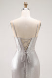 Grey Ruffled Corset Mermaid Metallic Long Prom Dress with Slit