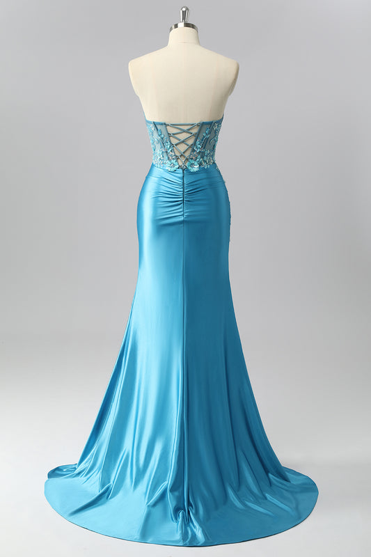 Sparkly Blue Sweetheart Satin Mermaid Long Corset Prom Dress with Sequins