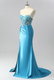 Sparkly Blue Sweetheart Satin Mermaid Long Corset Prom Dress with Sequins