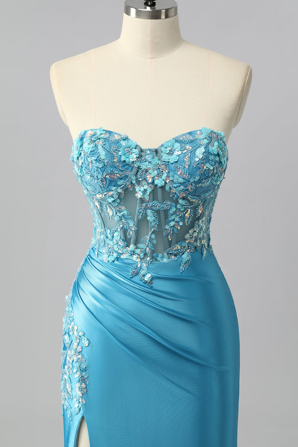 Sparkly Blue Sweetheart Satin Mermaid Long Corset Prom Dress with Sequins