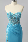 Sparkly Blue Sweetheart Satin Mermaid Long Corset Prom Dress with Sequins