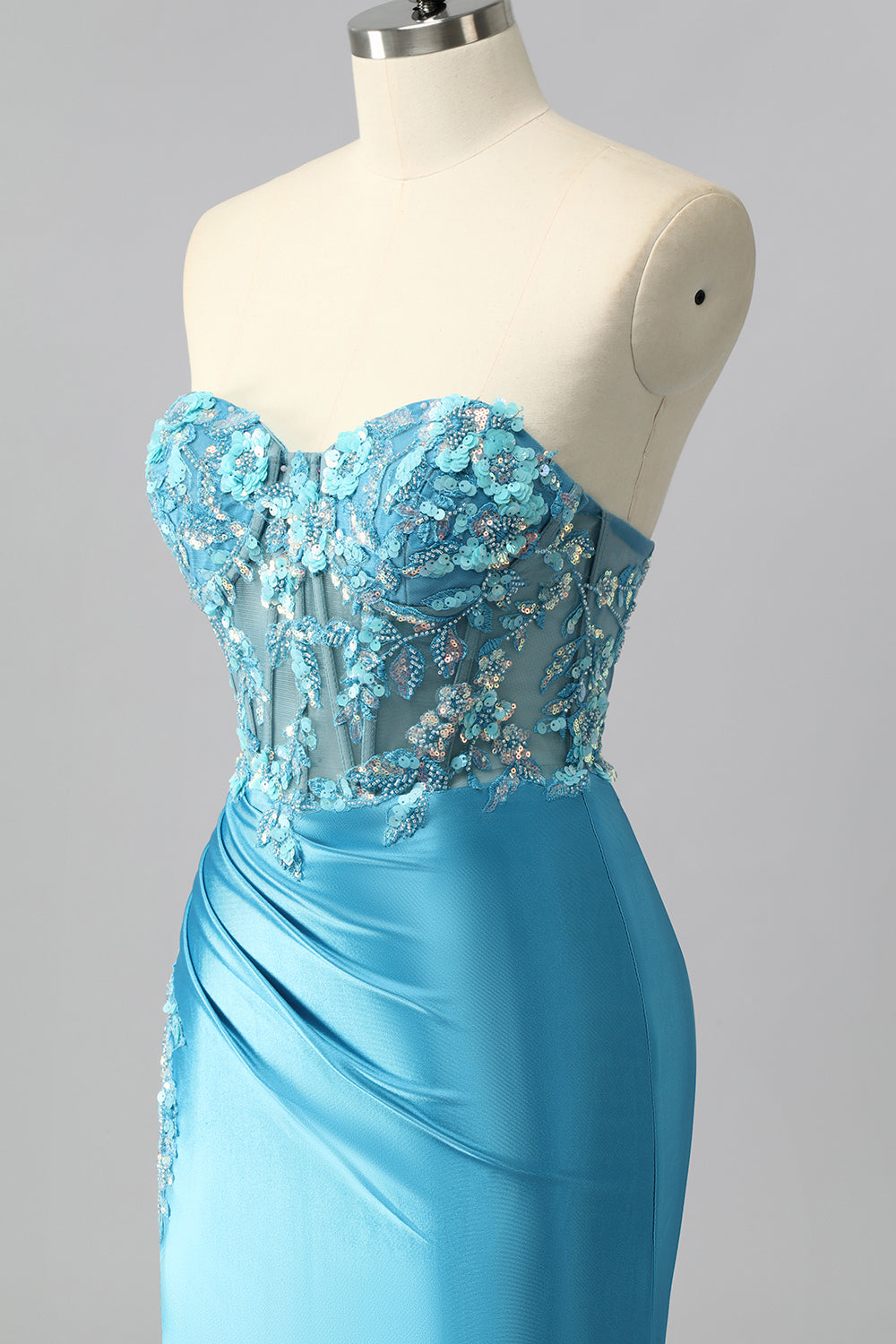 Sparkly Blue Sweetheart Satin Mermaid Long Corset Prom Dress with Sequins