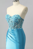 Sparkly Blue Sweetheart Satin Mermaid Long Corset Prom Dress with Sequins