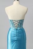 Sparkly Blue Sweetheart Satin Mermaid Long Corset Prom Dress with Sequins