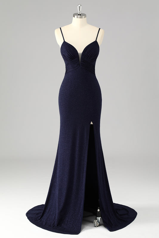 Glitter Navy Spaghetti Straps Mermaid Long Corset Prom Dress with Slit