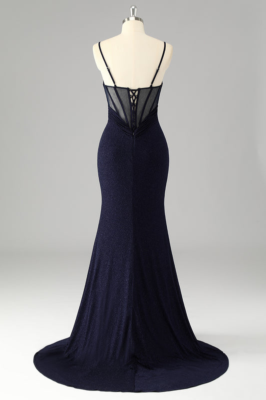 Glitter Navy Spaghetti Straps Mermaid Long Corset Prom Dress with Slit