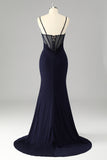 Glitter Navy Spaghetti Straps Mermaid Long Corset Prom Dress with Slit